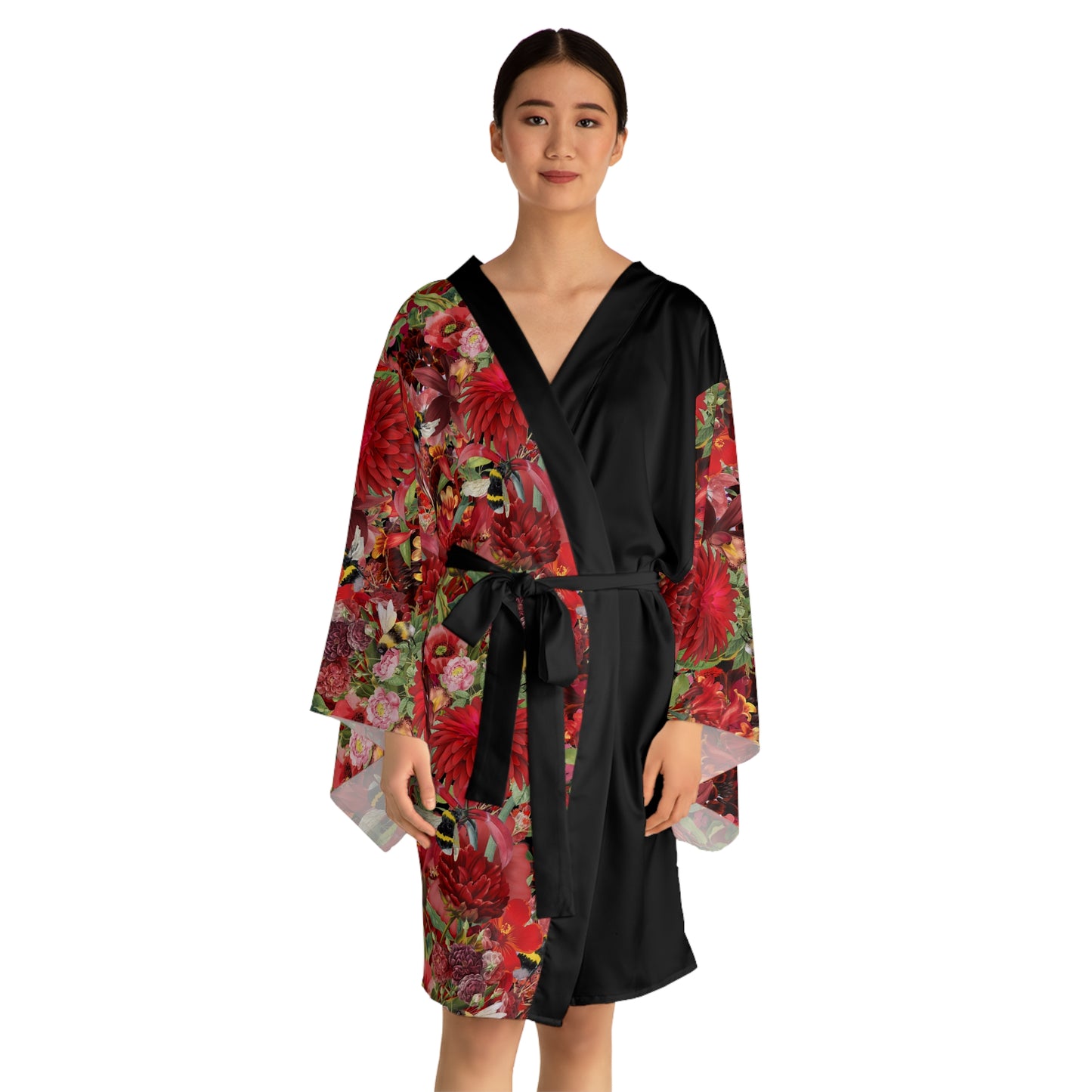 Áo choàng kimono dài tay in hoa cúc đỏ (AOP)