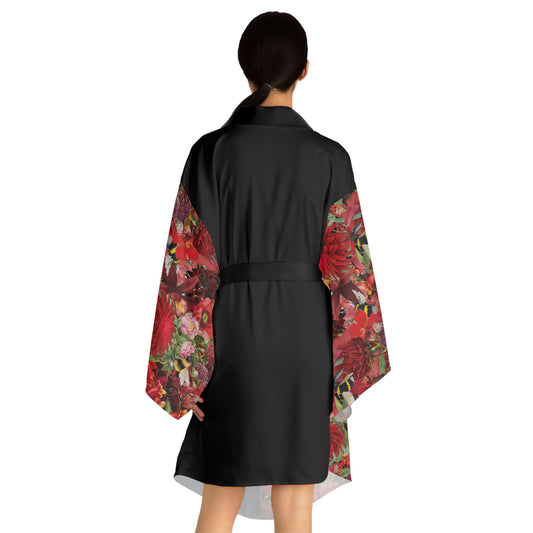 Áo choàng kimono dài tay in hoa cúc đỏ (AOP)