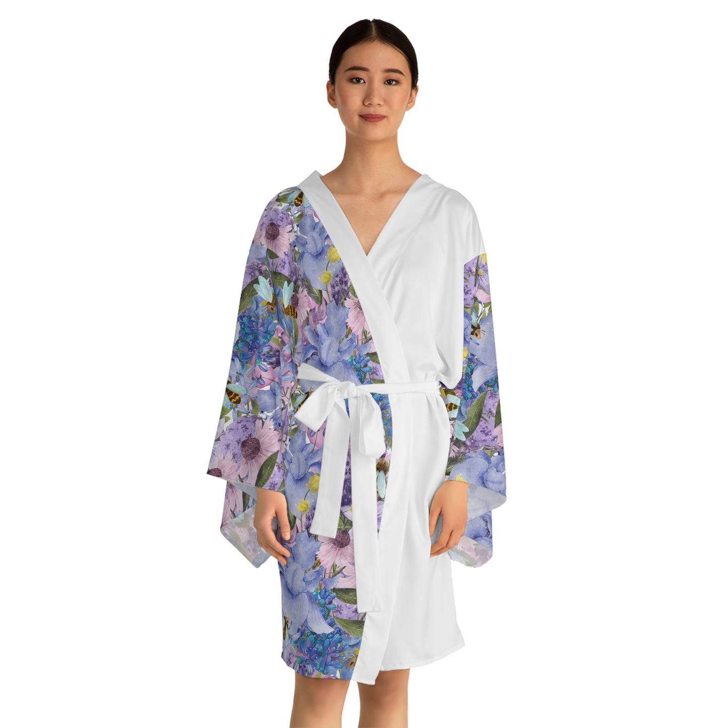 Áo choàng kimono dài tay màu xanh Iris (AOP)