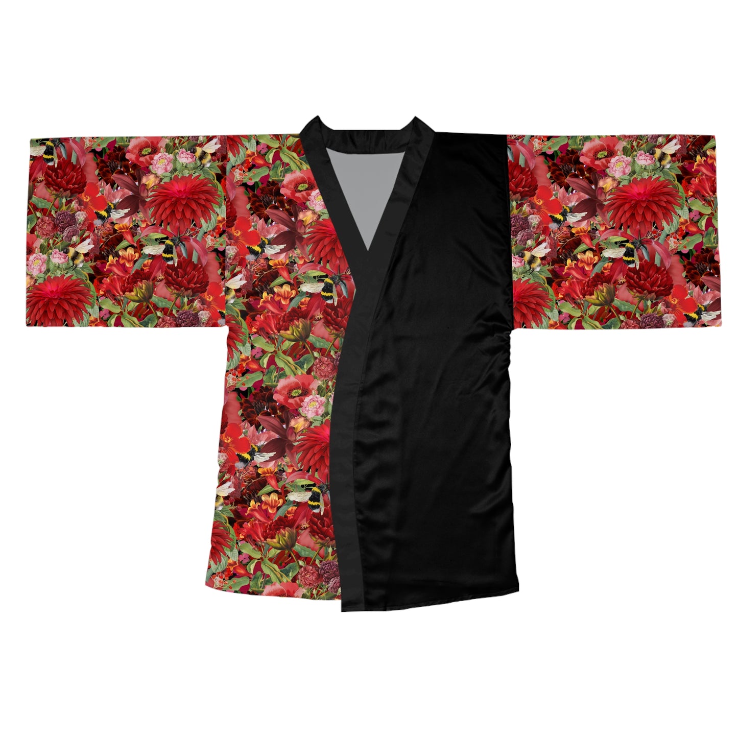 Áo choàng kimono dài tay in hoa cúc đỏ (AOP)